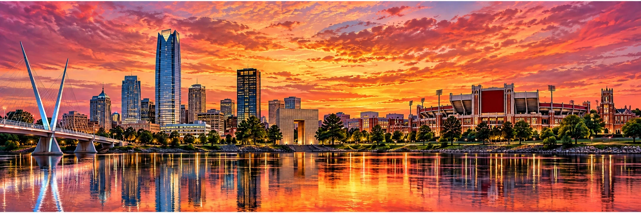 Original full-color sunset illustration combining Oklahoma City and Norman