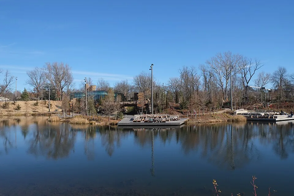 Tulsa’s Gathering Place: Peggy’s Pond and park buildings