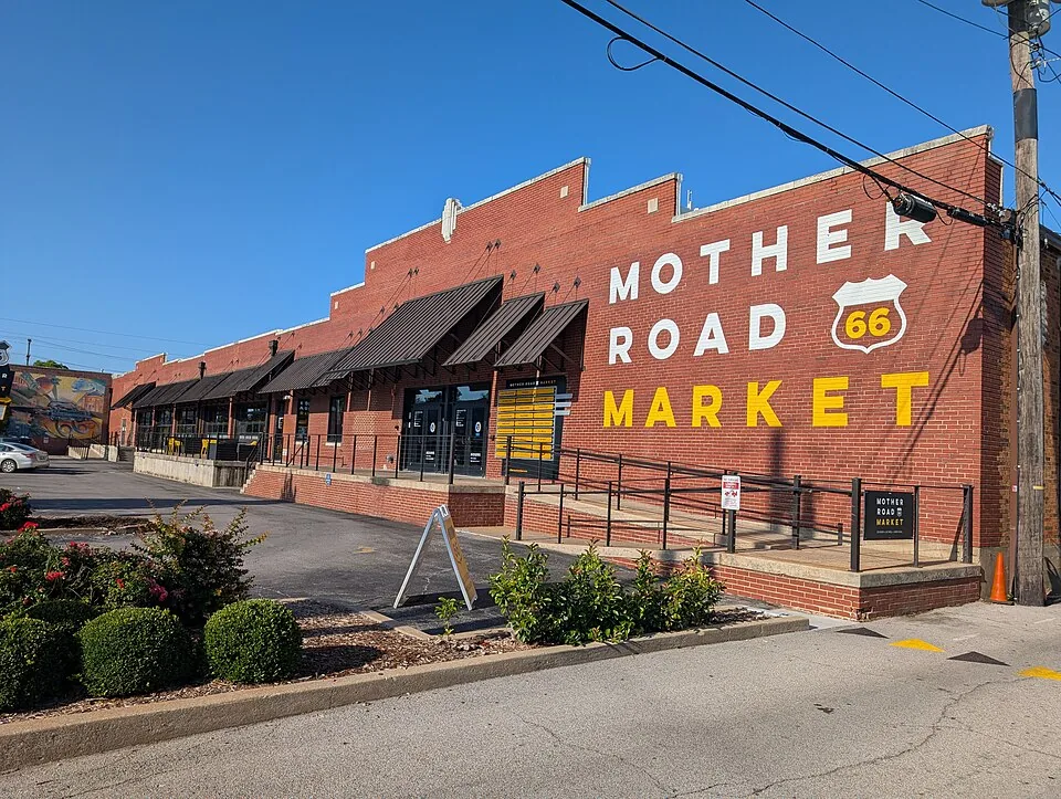 Mother Road Market entrance and Route 66 mural in Tulsa